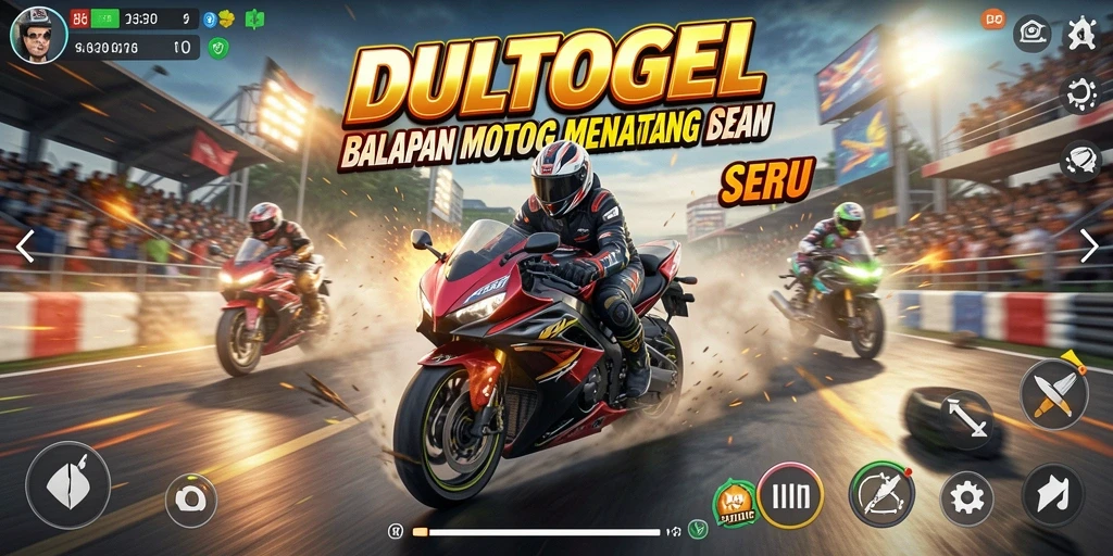Tangkapan layar dari gameplay menegangkan DULTOGEL dengan balapan motor.