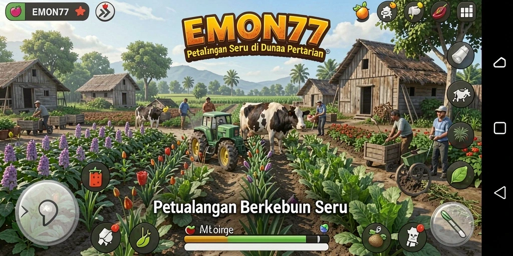 Screenshot utama EMON77 menampilkan gameplay pertanian yang seru dan interaktif.