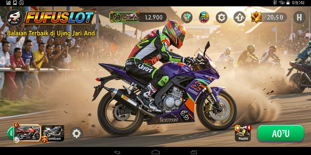 Gameplay mendebarkan dari FUFUSLOT menampilkan aksi balapan motor.
