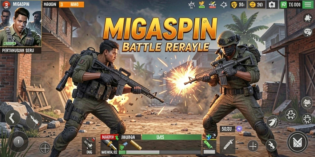 Tampilan gameplay seru dalam MIGASPIN dengan aksi Battle Royale yang mendebarkan.