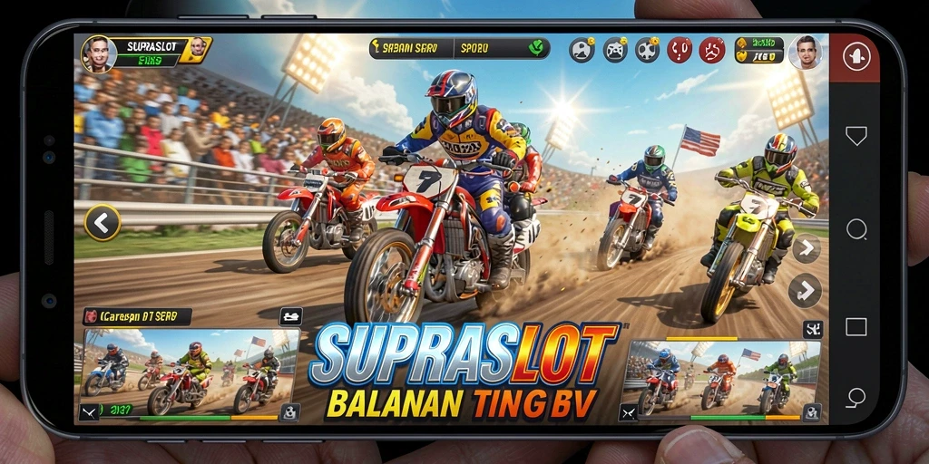 Tampilan gameplay SUPRASLOT yang intens dan mendebarkan dalam balapan.